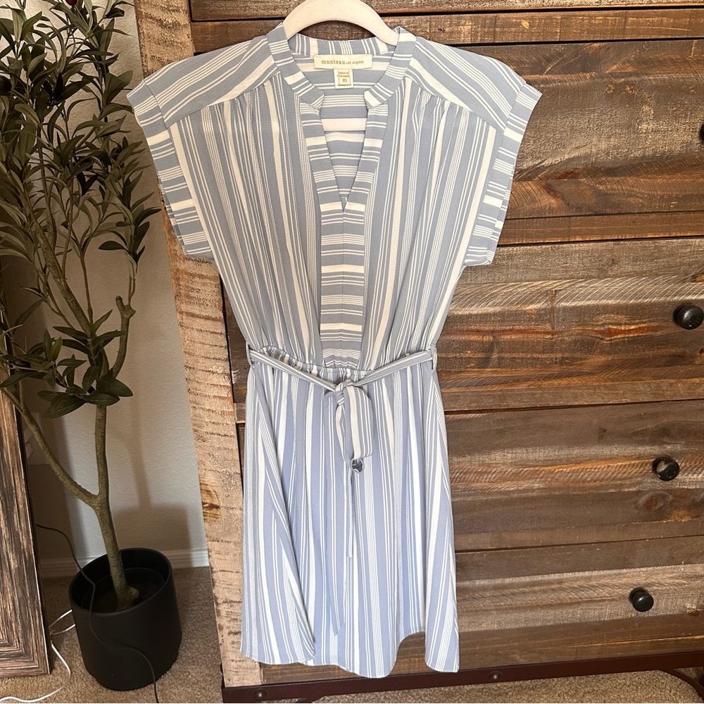 Monteau blue and white striped tie front dress